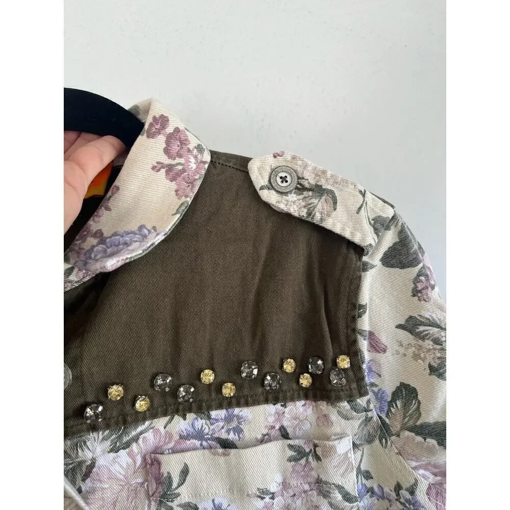 Anthropologie English Roses Woman  Floral Studded Denim Jacket, Size Med…